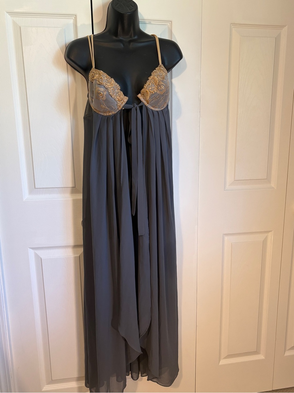 Victoria’s Secret Elegant Charcoal and Gold Lace Sheer Nightgown